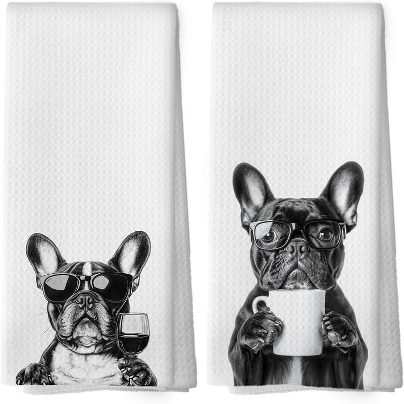 Mcehtle Funny French Bulldog Kitchen Towels Set of 2, Coffee Station Wine Bar Decor, Black and White Dog Owner Gift Hand Towel, Dog Lover Dining Room Kitchen Decorative Tea Towels 16x24 Inch - Image 1
